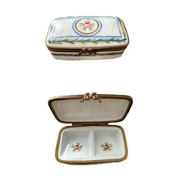 Limoges Other - Vintage Limoges Hand-Painted Porcelain Stamp/Trinket Box – Dual Compartment
